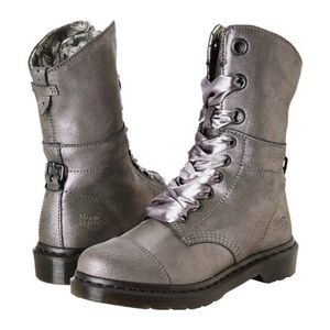 Dr Doc Martens Aimilie Pewter Metallic Women's Fold Over Combat Boots 8